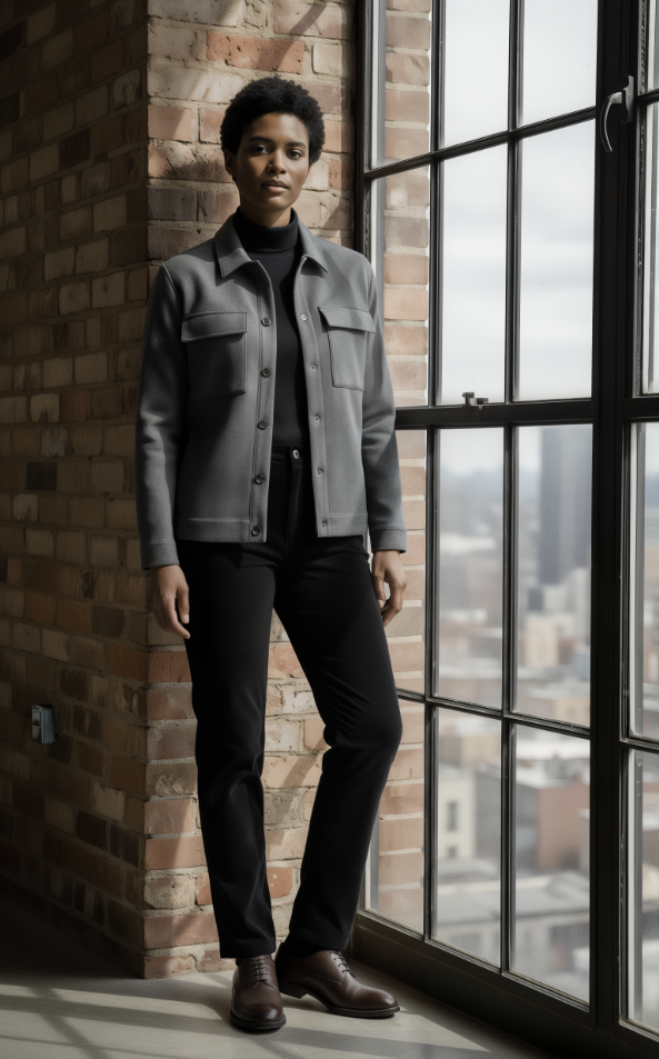 Person wearing a grey jacket and dark pants standing by a large window with a cityscape view.