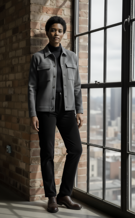 Person wearing a grey jacket and dark pants standing by a large window with a cityscape view.