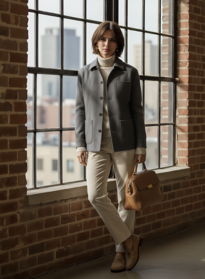 Woman in a gray coat standing by a large window with a cityscape view.