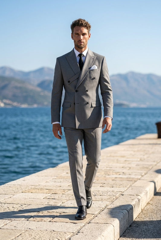 Grey Double Breasted Tuxedo Jacket Formal Trousers / Italian Pure Wool Super