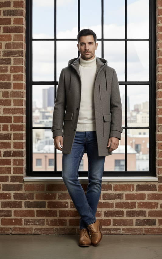 Man wearing a gray coat, white sweater, blue jeans, and brown boots standing in front of a large window with a cityscape view.