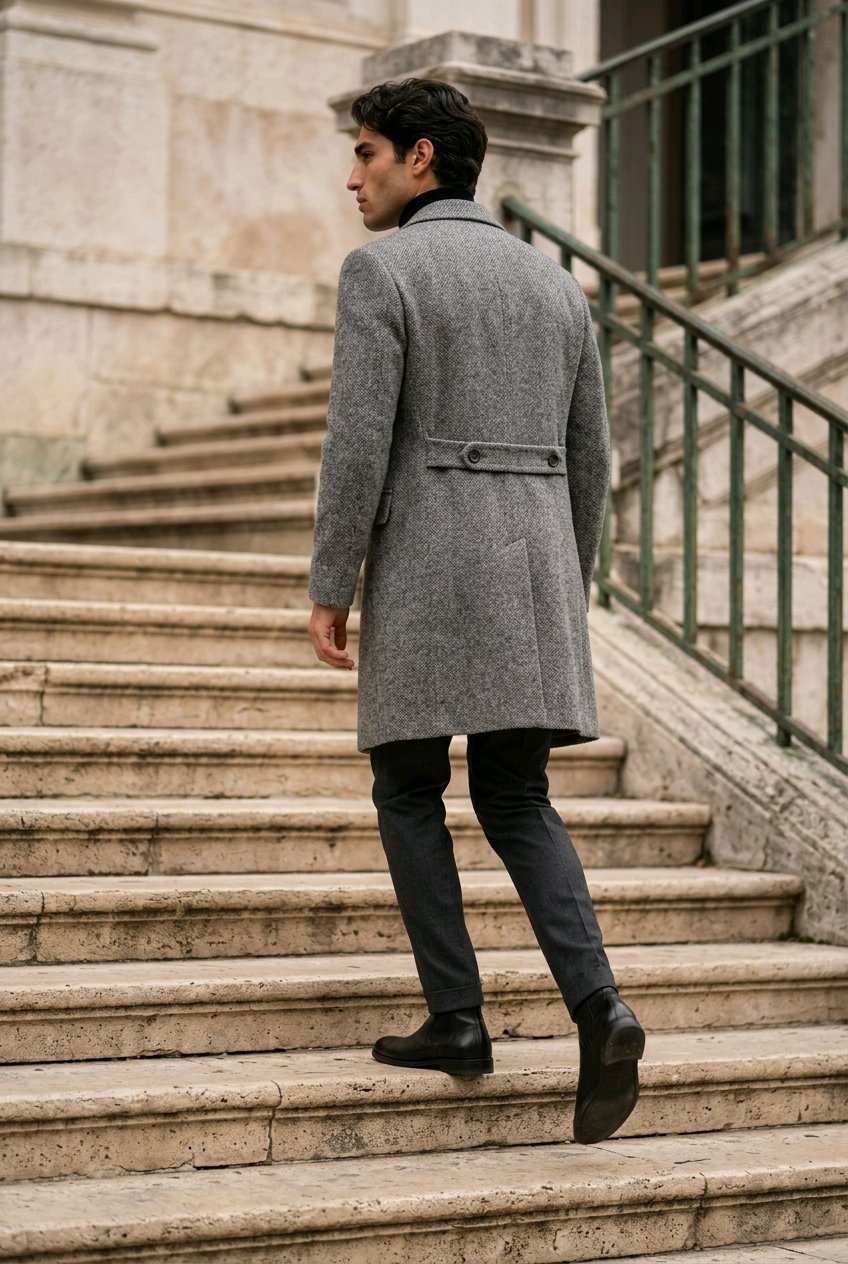 Grey Herringbone Wool Double Breasted Overcoat
