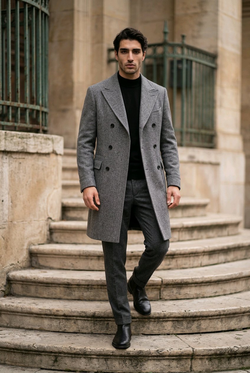 Grey Herringbone Wool Double Breasted Overcoat Style No DHH0014
