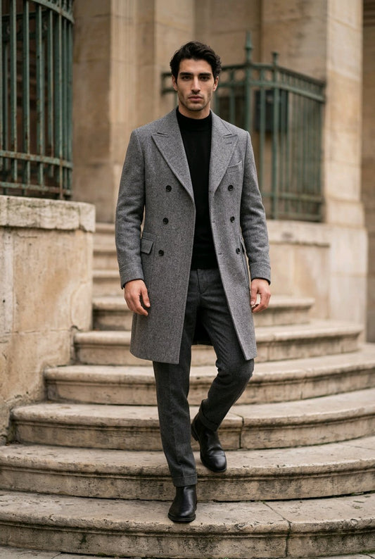 Grey Herringbone Wool Double Breasted Overcoat Style No DHH0014