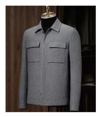 A grey casual jacket displayed on a mannequin, featuring a high shirt collar, patched chest pockets, and a front with grey buttons.