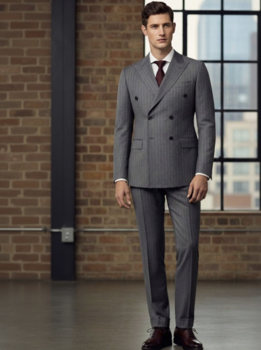 Grey Pinstripe Double Breasted / Two Piece Suit Italian Pure Wool Super 110'S