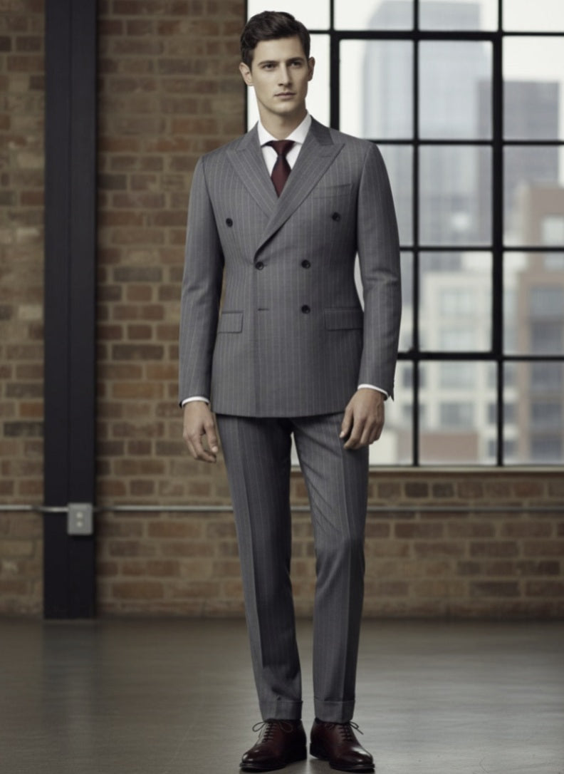 Grey Pinstripe Double Breasted / Two Piece Suit Italian Pure Wool Super 110'S
