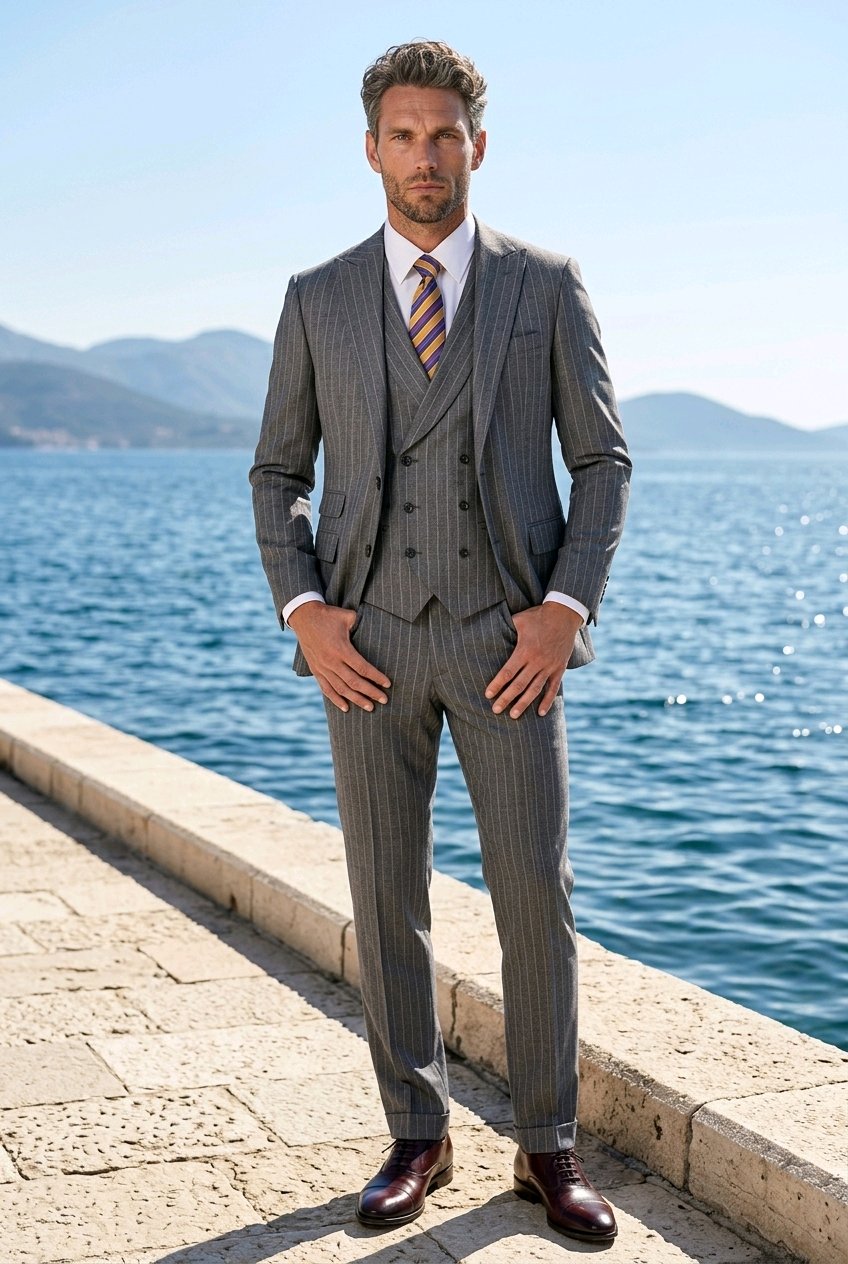 3pc Mid Grey Pinstripe Single Breasted / Three Piece Suit Italian Pure Wool Super 110'S