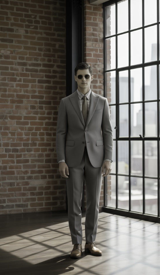 Man in a grey suit standing in a room with brick walls and large windows.