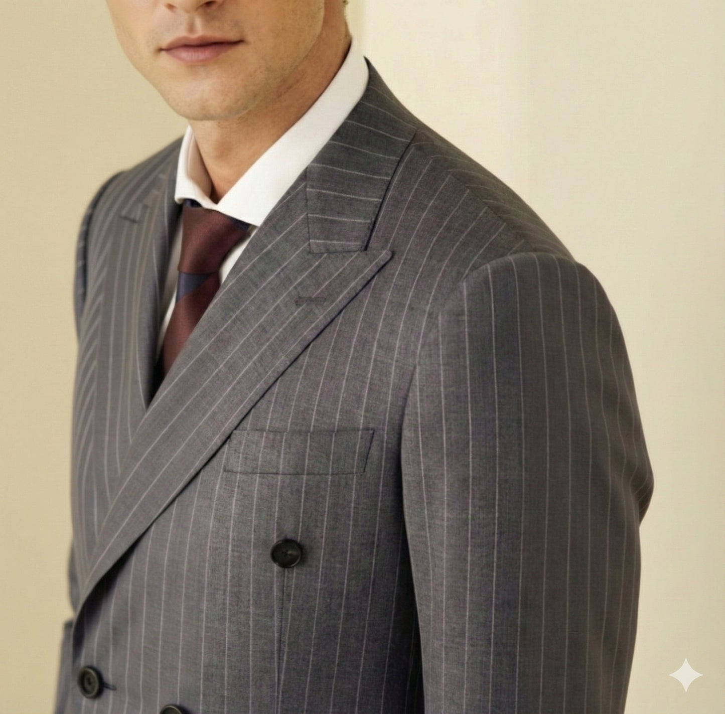 Gray pinstripe suit with a white shirt and maroon tie on a beige background