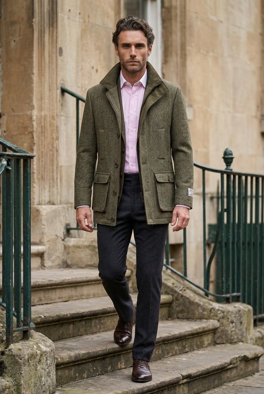 Harris Tweed Brown/Orange Check Herringbone Field Coat