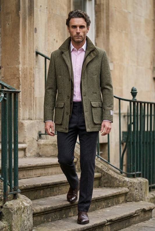 Harris Tweed Brown/Orange Check Herringbone Field Coat