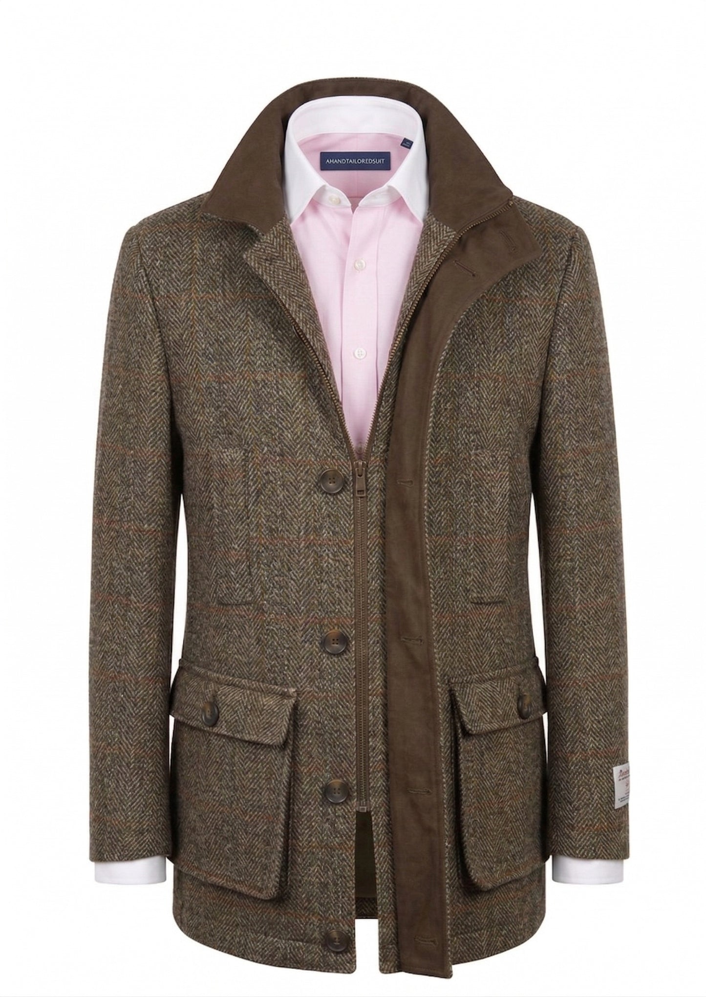 Harris Tweed Brown/Orange Check Herringbone Field Coat 