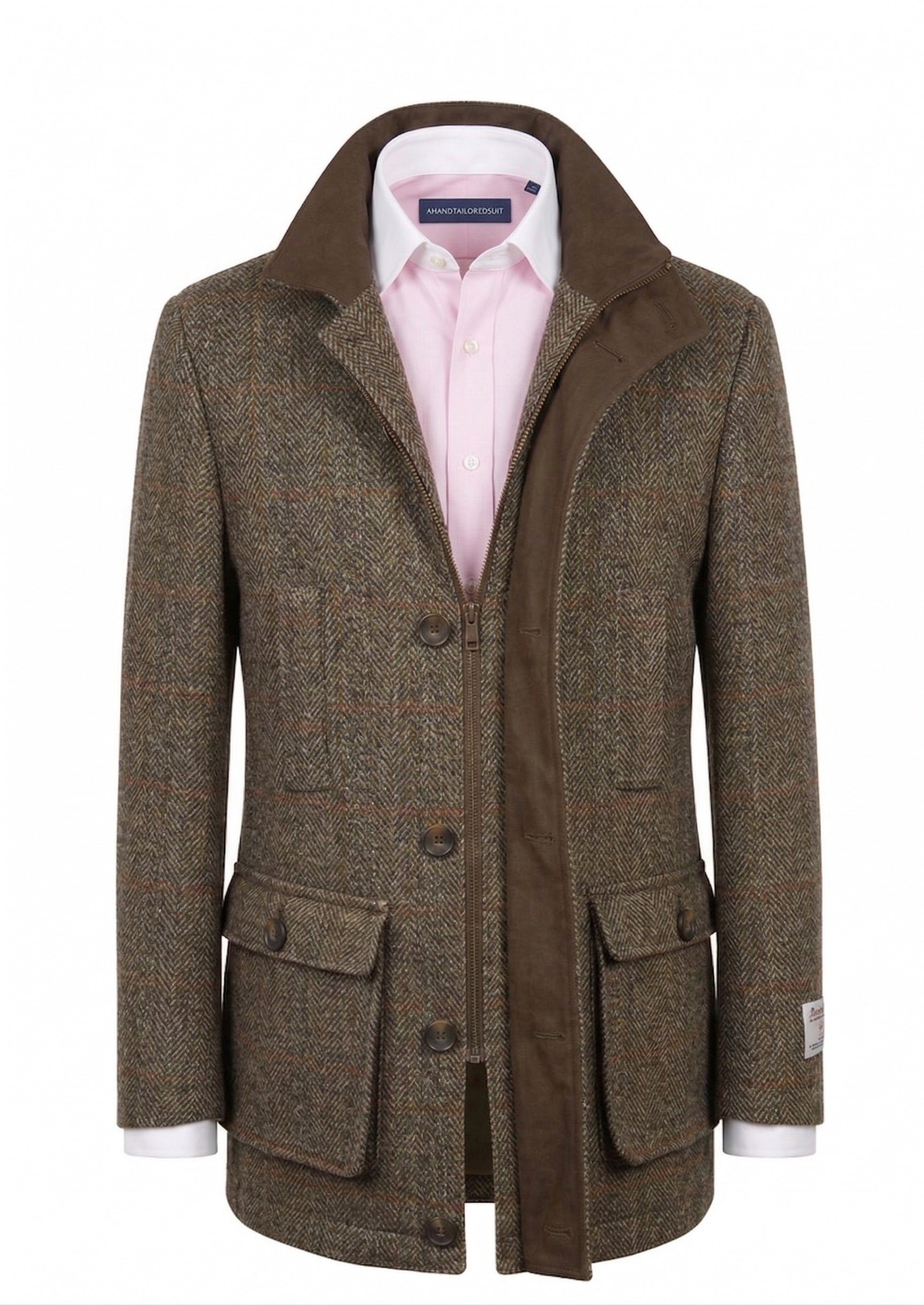 Harris Tweed Brown/Orange Check Herringbone Field Coat 