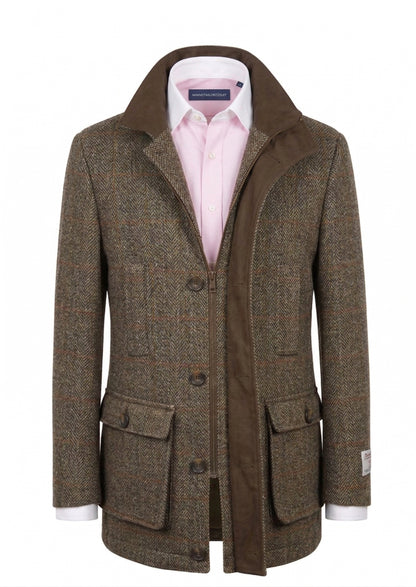 Harris Tweed Brown/Orange Check Herringbone Field Coat 