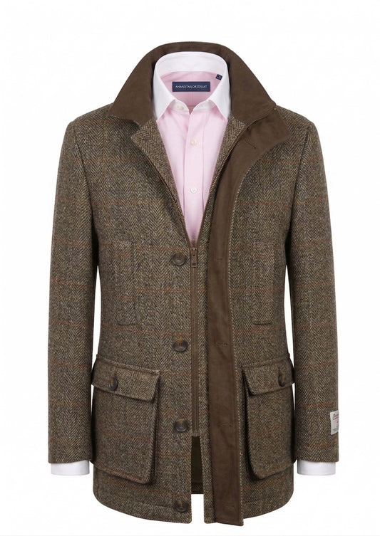 Harris Tweed Brown/Orange Check Herringbone Field Coat 
