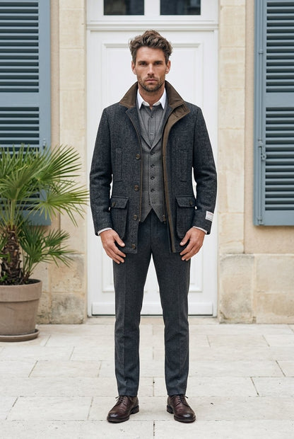 Harris Tweed Charcoal Herringbone Field Coat&nbsp; , Perfect for Coats,