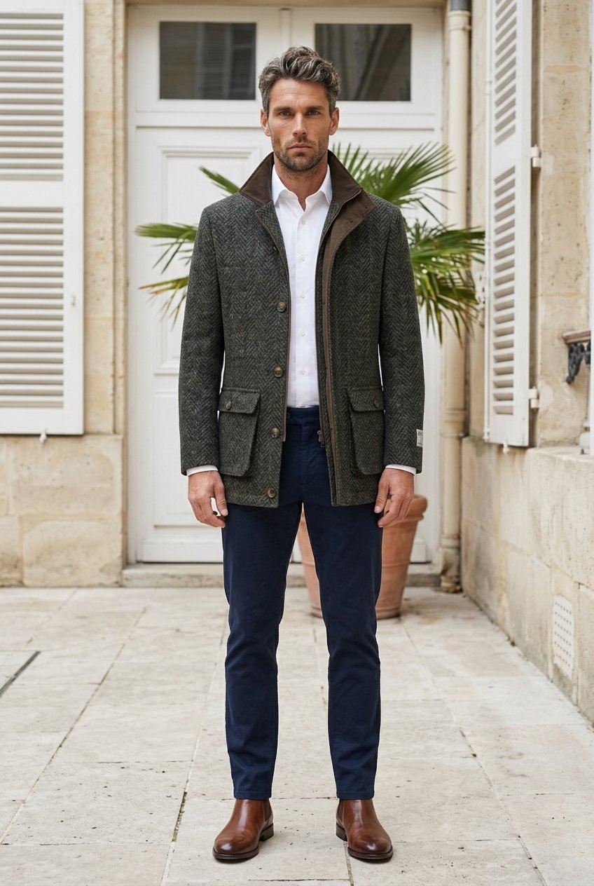 Harris Tweed Green Herringbone Field Coat £899