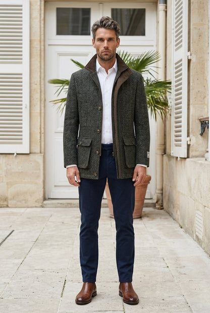 Harris Tweed Green Herringbone Field Coat £899