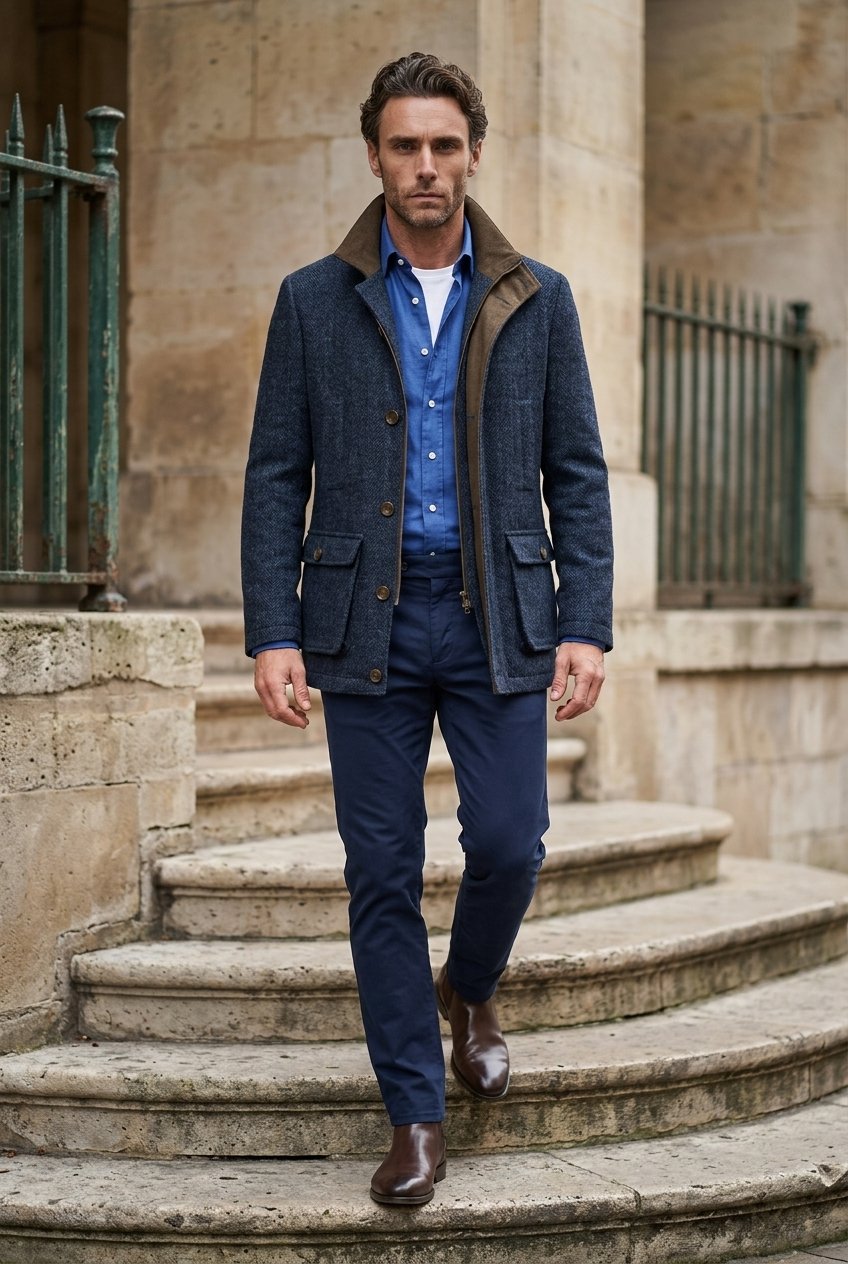 Harris Tweed Navy Herringbone Field Coat  £899