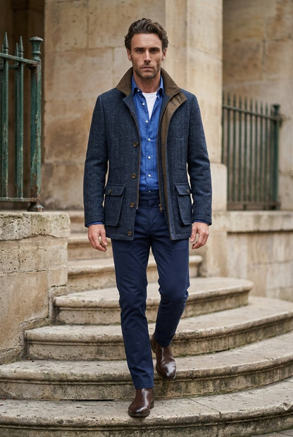 Harris Tweed Navy Herringbone Field Coat  £899