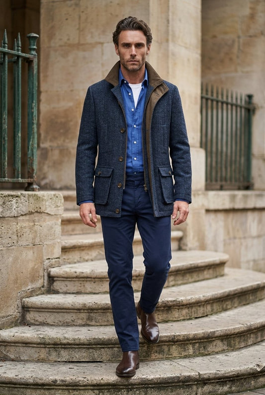 Harris Tweed Navy Herringbone Field Coat  £899