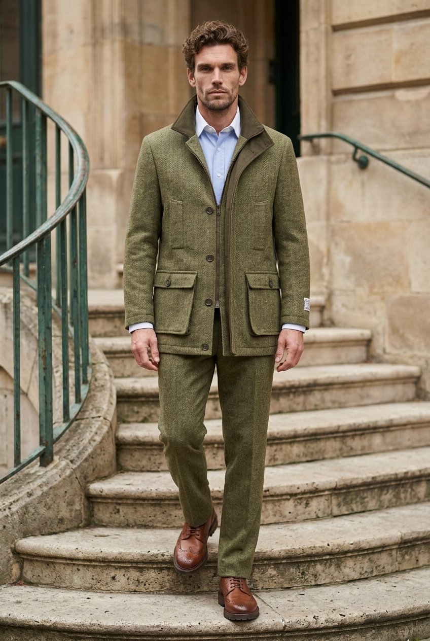 Harris Tweed Olive Green Field Coat £899