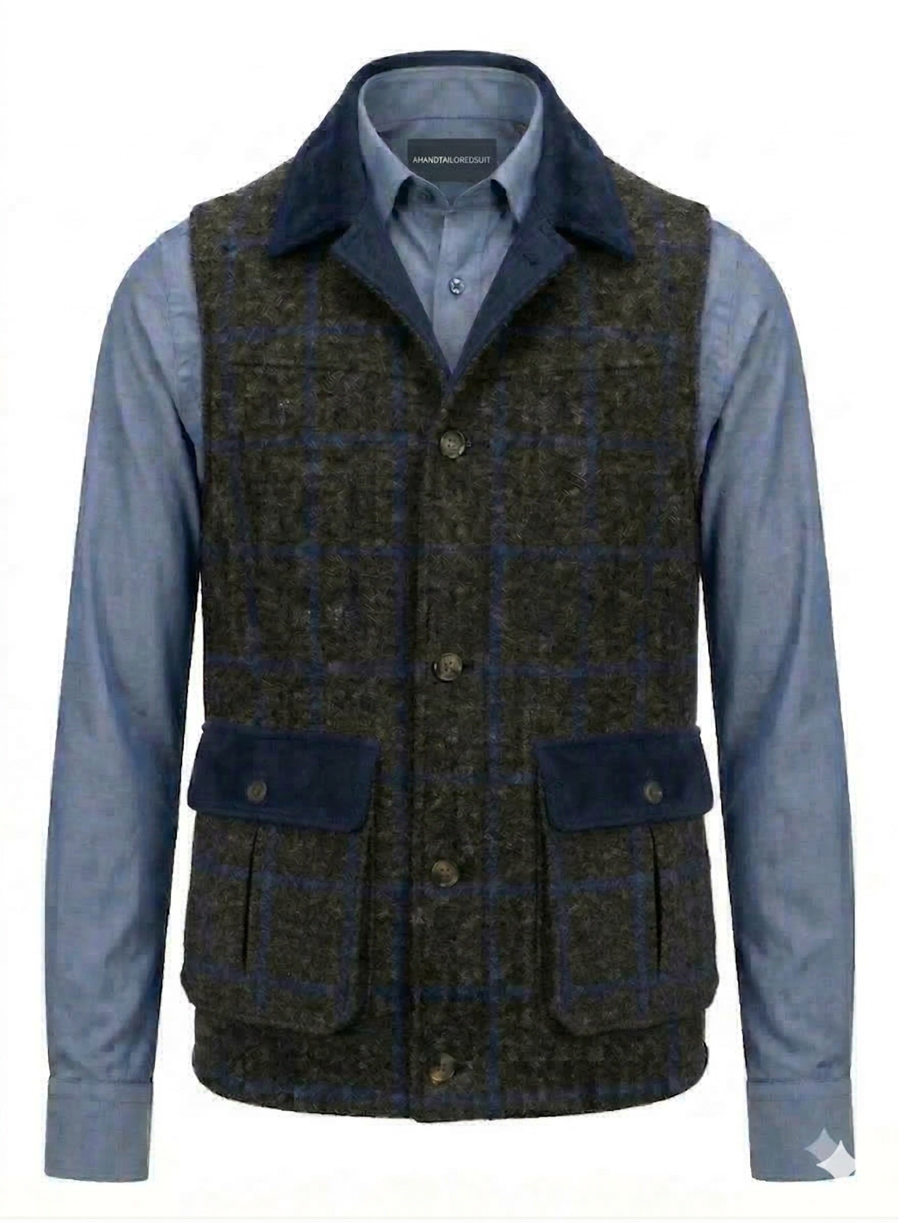 Harris Tweed fabric in a grey & blue check