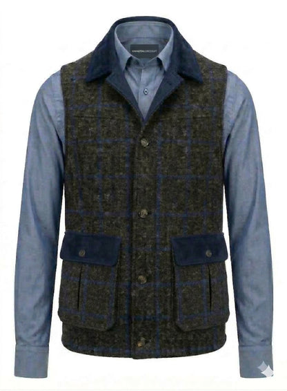 Harris Tweed fabric in a grey & blue check
