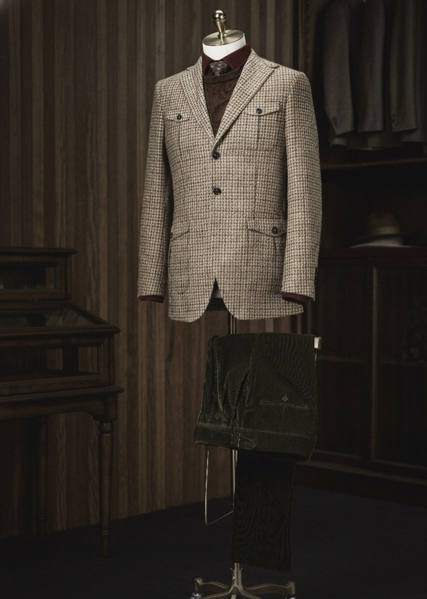 Houndstooth patterned suit on a mannequin against a wooden paneled wall.