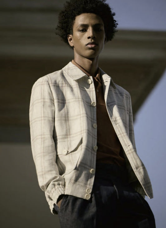 Italian White -Beige Linen Single Breasted Six Button Style Jacket Plus Navy Trousers