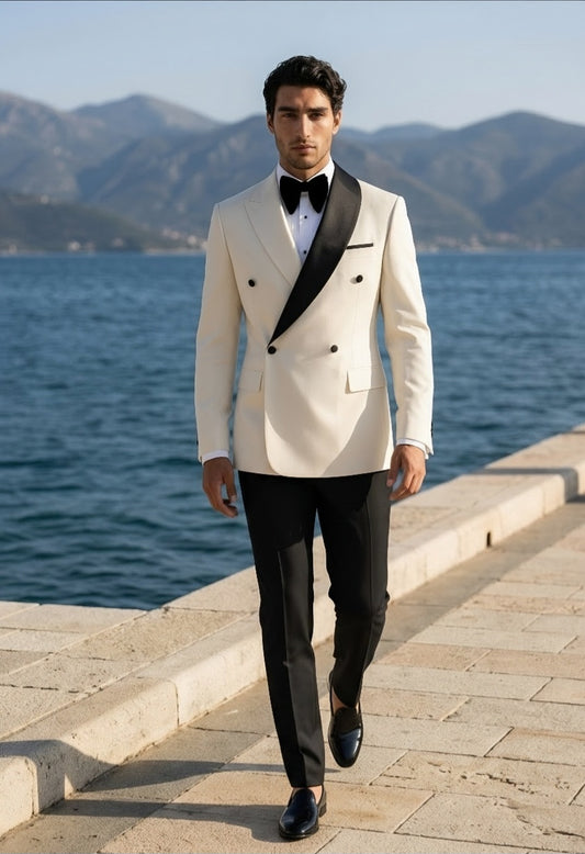 Ivory/Black Double Breasted Tuxedo Jacket and Black Formal Trousers / Italian Pure Wool