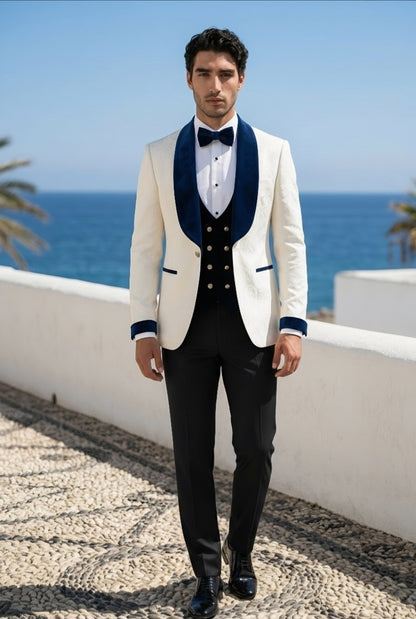 Ivory Brocade Single Breasted Tuxedo Jacket + Waistcoat and Black Formal Trousers / Italian Pure Wool