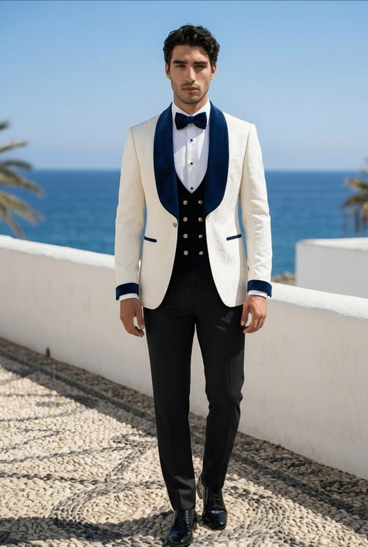 Ivory Brocade Single Breasted Tuxedo Jacket + Waistcoat and Black Formal Trousers / Italian Pure Wool