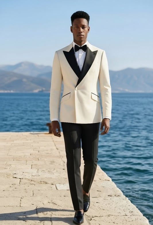 Ivory Double Breasted Tuxedo Jacket and Black Formal Trousers / Italian Pure Wool