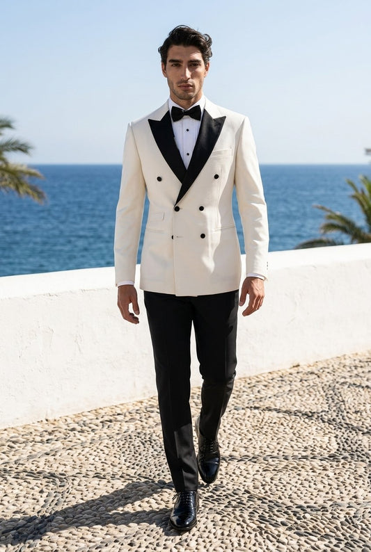 Ivory Double Breasted Tuxedo Jacket and Black Formal Trousers / Italian Pure Wool Super 110'S