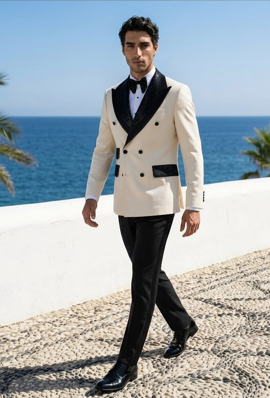  Ivory Double Breasted Tuxedo Jacket and Black Formal Trousers / Italian Pure Wool Super 110'S