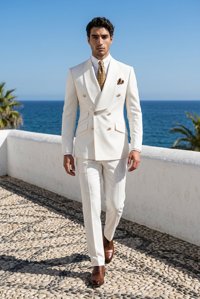  Ivory Double Breasted Tuxedo Jacket and Ivory Formal Trousers