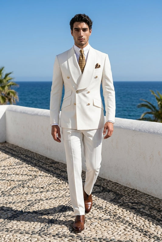  Ivory Double Breasted Tuxedo Jacket and Ivory Formal Trousers