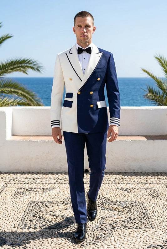 Ivory/ Navy Double Breasted Tuxedo Jacket and Navy Formal Trousers / Italian Pure Wool Super 110'S