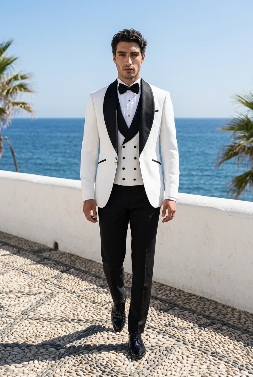 Ivory Single Breasted Textured Tuxedo Jacket + Waistcoat and Black Formal Trousers