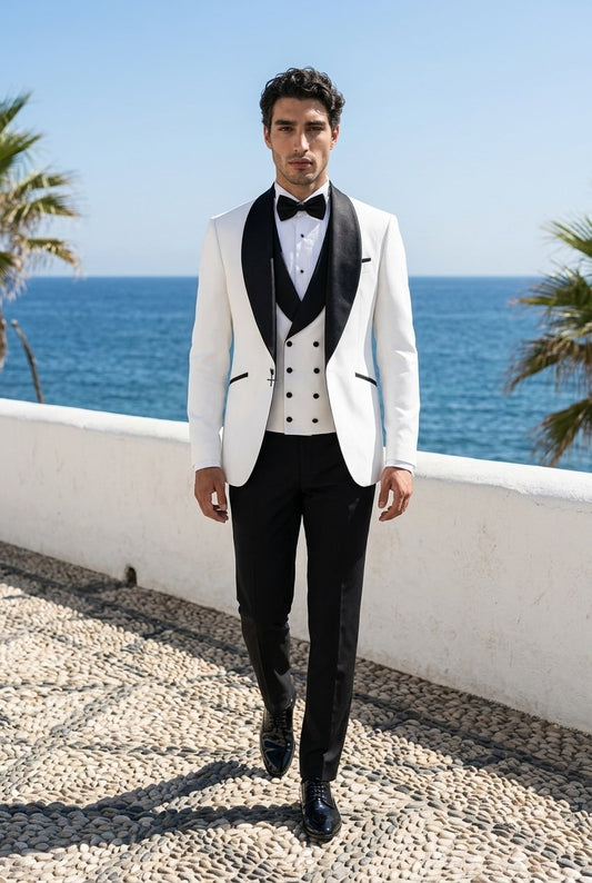 Ivory Single Breasted Textured Tuxedo Jacket + Waistcoat and Black Formal Trousers