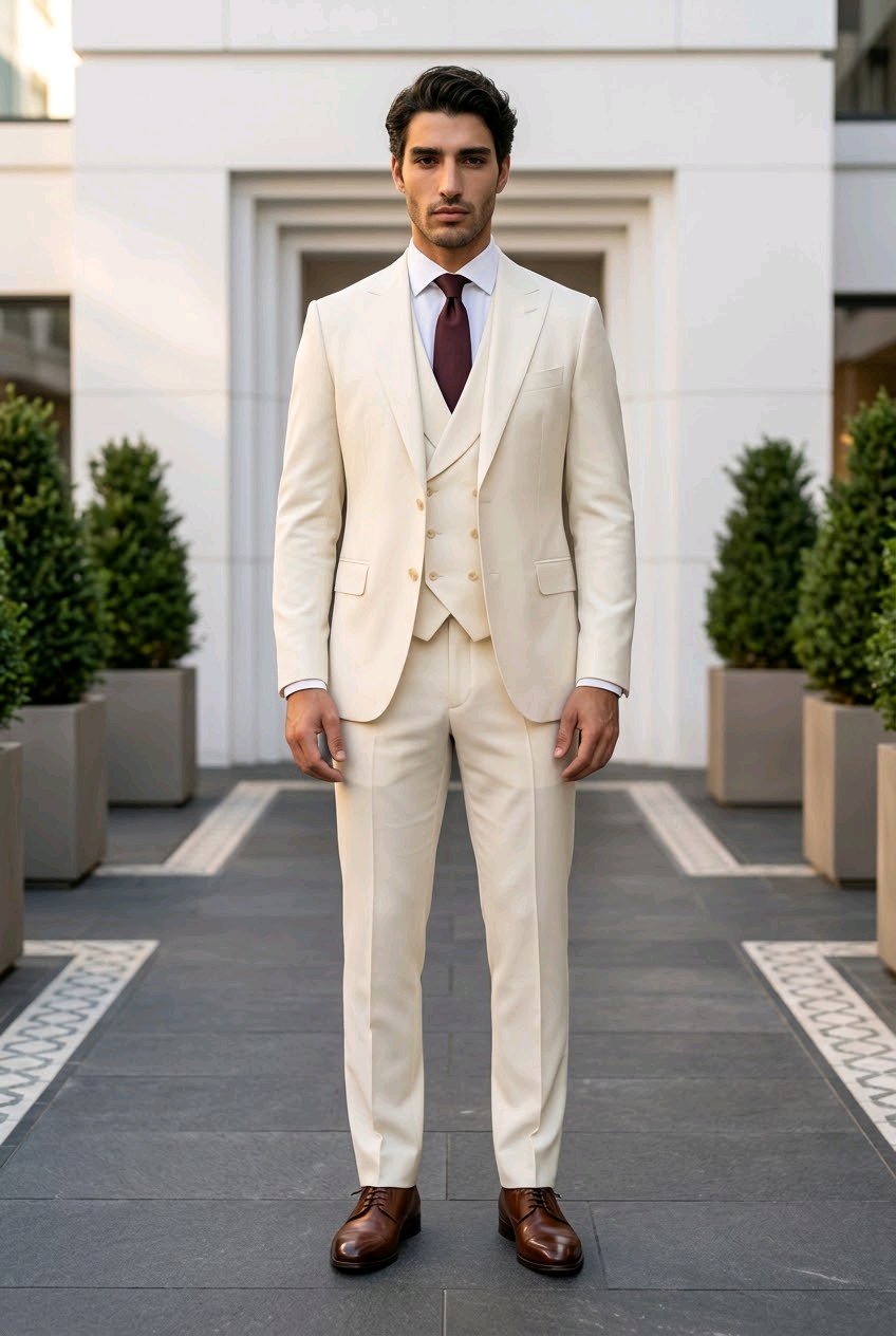3pc Ivory Single Breasted/ Three Piece Suit Italian Pure Wool Super 110'S