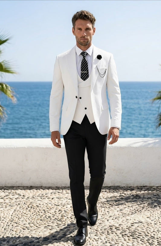Ivory Single Breasted Tuxedo Jacket + Waistcoat and Black Formal Trousers / Italian Pure Wool