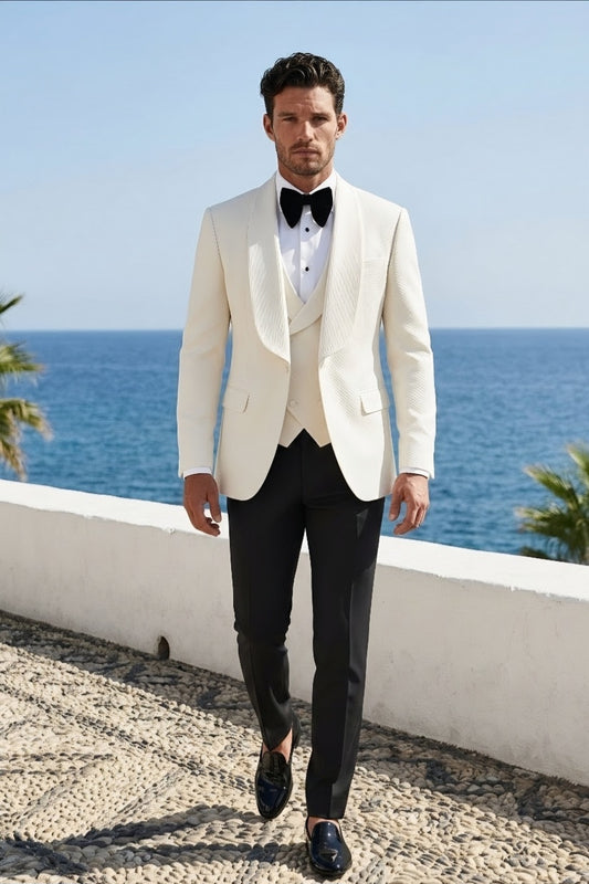 Ivory Single Breasted Tuxedo Jacket + Waistcoat and Black Formal Trousers / Italian Pure Wool