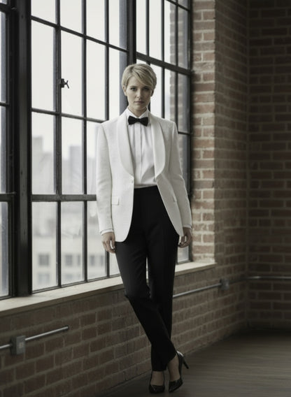Person wearing a white tuxedo with a black bow tie in a room with large windows and brick walls.