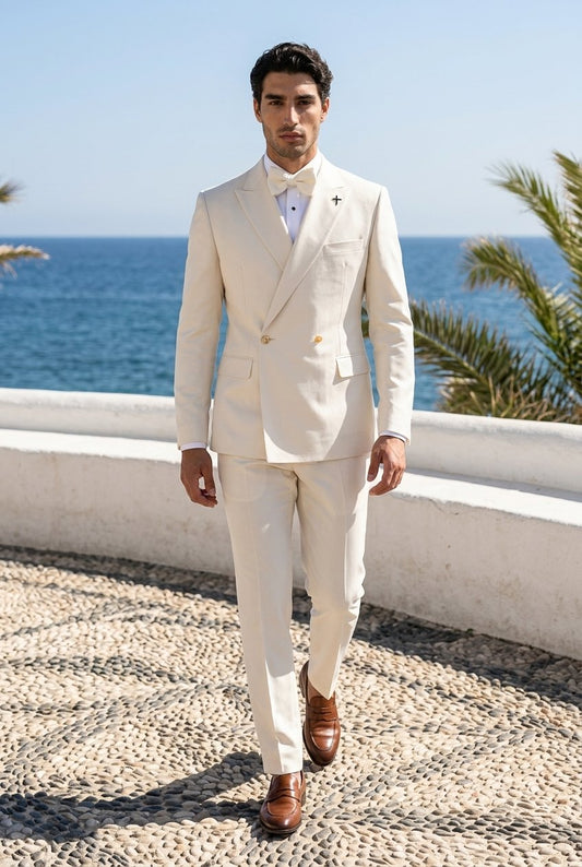 Ivory Wool/ Silk Double Breasted Tuxedo Jacket and Ivory Formal Trousers