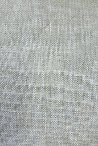 A close-up of a light beige woven fabric texture with a linen-like weave pattern.