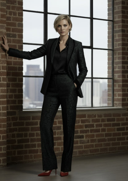 Women's Tuxedo Green and Black Patterned Jacquard Jacket / Style Number J39175/220