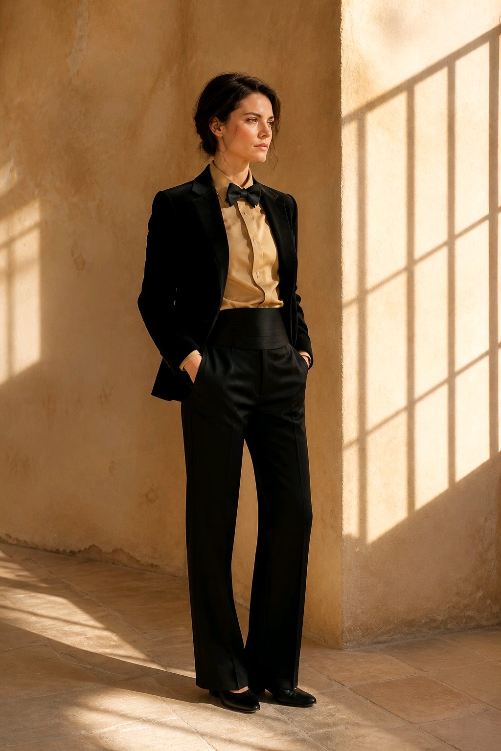 Ladies Black velvet jacket and black wool trousers 